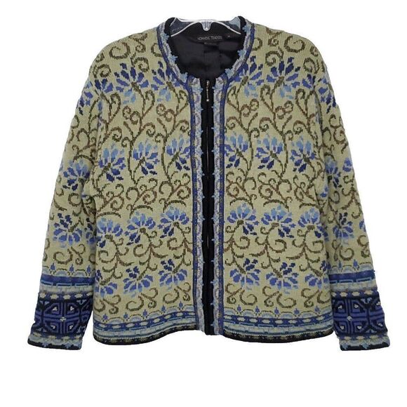 Vintage Nomadic Traders Wool Sweater Jacket M Green Blue Floral Zip Up Boho - Picture 1 of 5